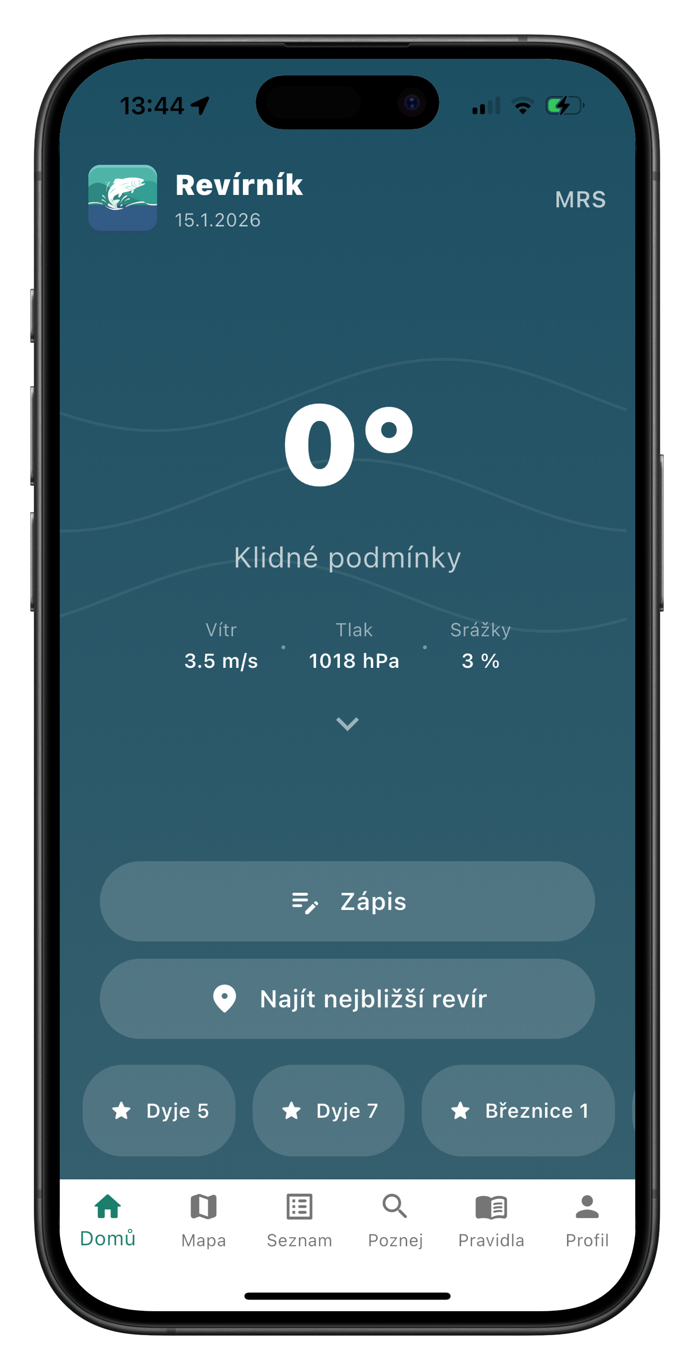 Mockup rybářské aplikace Revírník