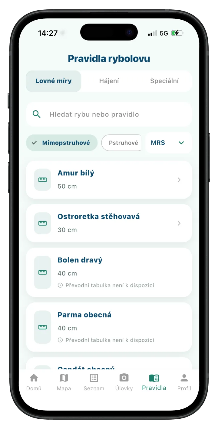 Lovné míry a doby hájení v aplikaci Revírník